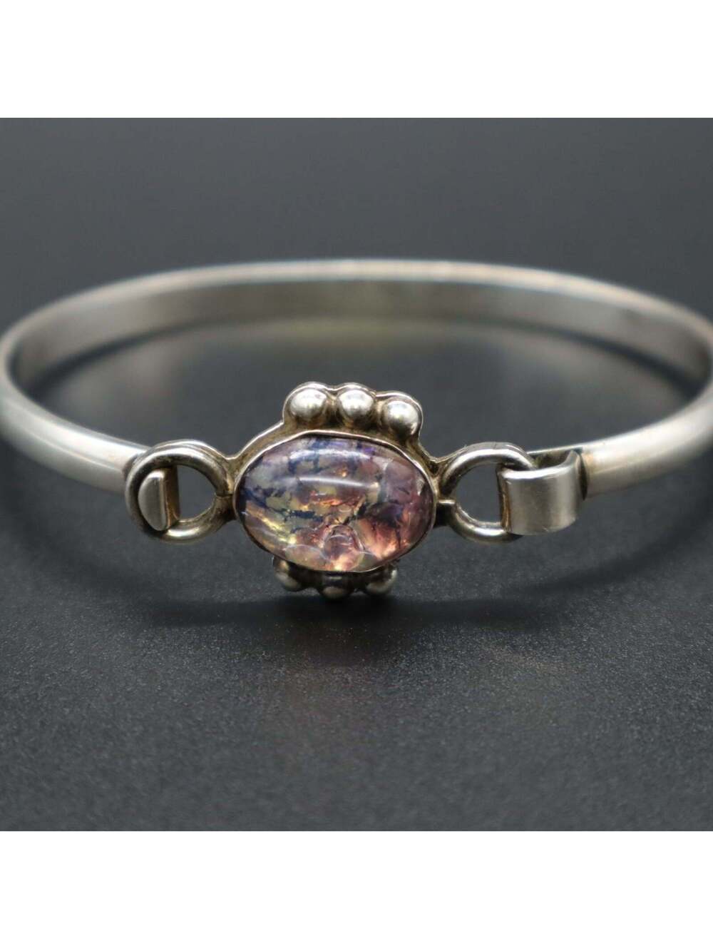 VTG Mexico Sterling Silver 925 Dragons Breath Glass Opal Bangle Bracelet TF-01